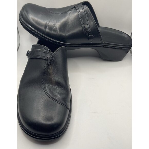 Clarks Womens 8 Black Leather Slip Step In Comfy Mule Clogs No Box Polish - Picture 1 of 10